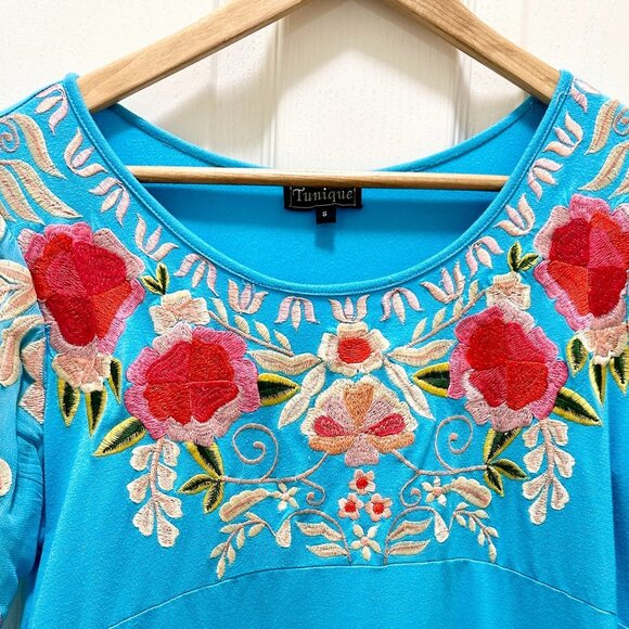Tunique Embroidered Chiffon Tunic Top Women's Size S Blue Bell Sleeves Boho Chic - Picture 12 of 15